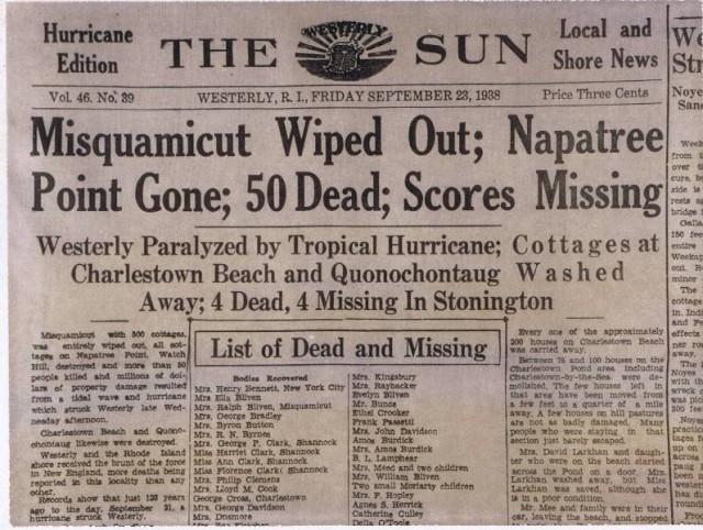 1938 Hurricane Headline as printed in the Westerly Sun.